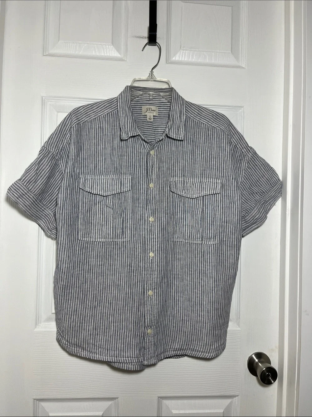 J. Crew Short-Sleeve Linen/Cotton Blend Striped Button-Up Shirt - Navy and White